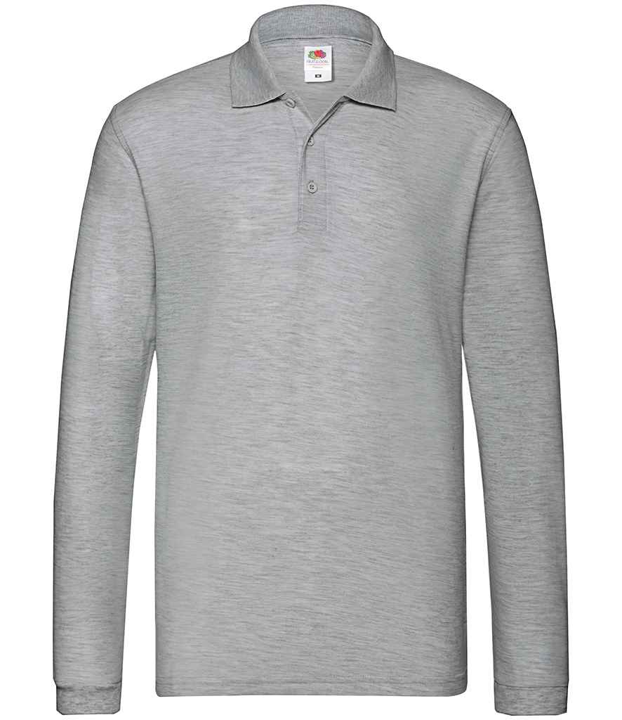 Fruit of the Loom Premium Long Sleeve Cotton Pique Polo Shirt in Athletic Heather by Fruit of the Loom — Custom branded clothing by Print Press, featuring premium embroidery produced in our specialist print lab in the UK.
