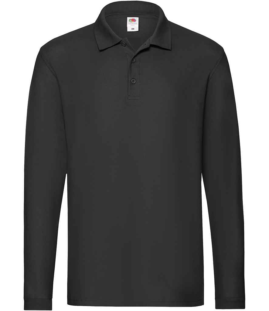Fruit of the Loom Premium Long Sleeve Cotton Pique Polo Shirt in Black by Fruit of the Loom — Custom branded clothing by Print Press, featuring premium embroidery produced in our specialist print lab in the UK.