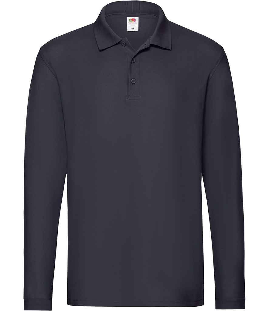 Fruit of the Loom Premium Long Sleeve Cotton Pique Polo Shirt in Deep Navy by Fruit of the Loom — Custom branded clothing by Print Press, featuring premium embroidery produced in our specialist print lab in the UK.