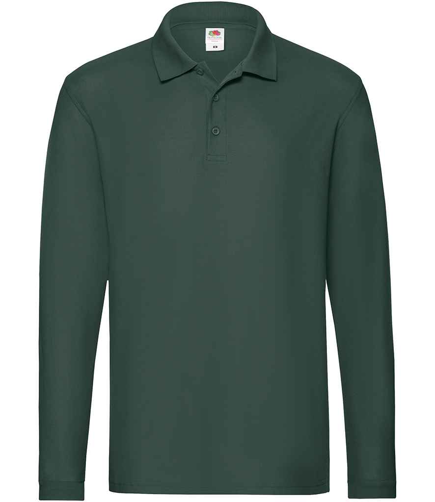 Fruit of the Loom Premium Long Sleeve Cotton Pique Polo Shirt in Forest Green by Fruit of the Loom — Custom branded clothing by Print Press, featuring premium embroidery produced in our specialist print lab in the UK.