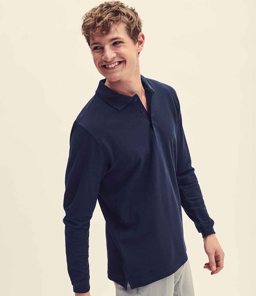 Fruit of the Loom Premium Long Sleeve Cotton Pique Polo Shirt in Navy by Fruit of the Loom — Custom branded clothing by Print Press, featuring premium embroidery produced in our specialist print lab in the UK.