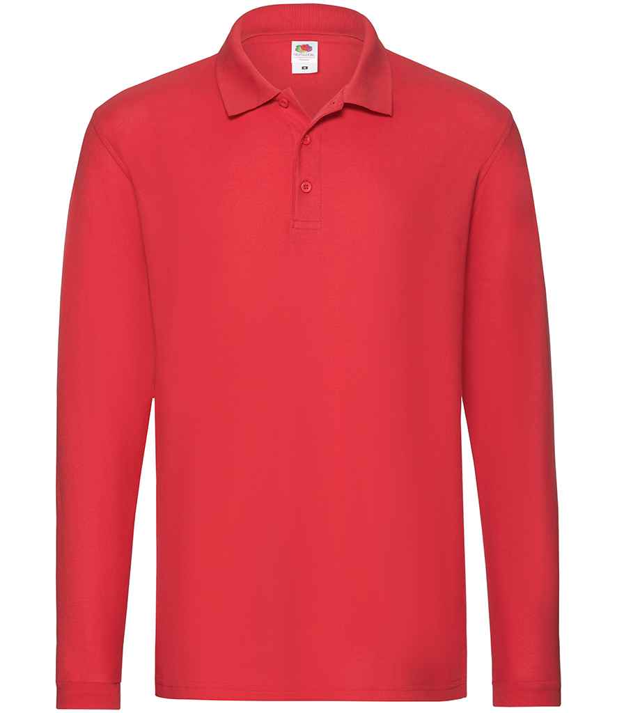 Fruit of the Loom Premium Long Sleeve Cotton Pique Polo Shirt in Red by Fruit of the Loom — Custom branded clothing by Print Press, featuring premium embroidery produced in our specialist print lab in the UK.