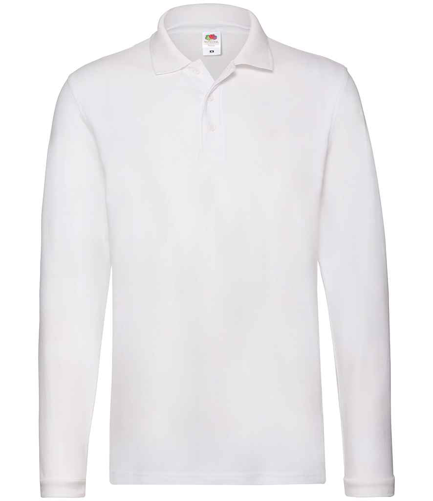 Fruit of the Loom Premium Long Sleeve Cotton Pique Polo Shirt in White by Fruit of the Loom — Custom branded clothing by Print Press, featuring premium embroidery produced in our specialist print lab in the UK.