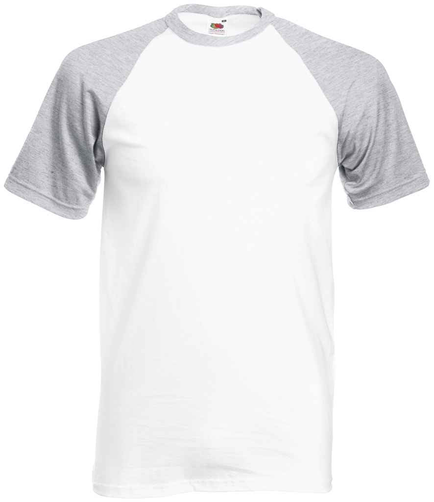 Fruit of the Loom Contrast Baseball T-Shirt in White Heather Grey by Fruit of the Loom — Custom branded clothing by Print Press, featuring premium embroidery produced in our specialist print lab in the UK.