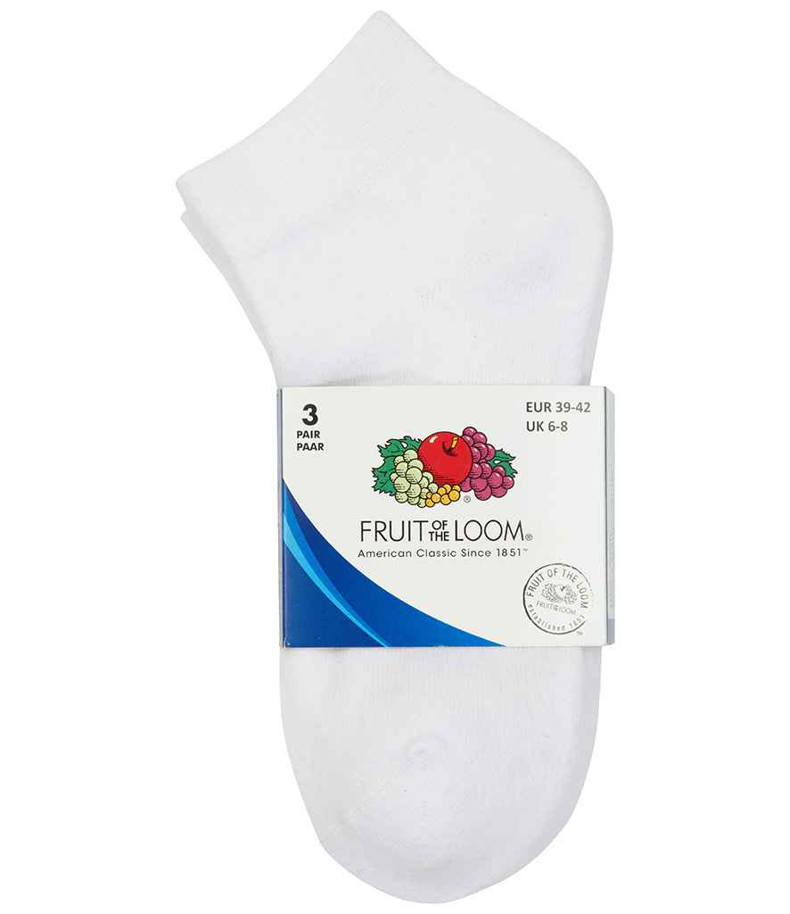 Fruit of the Loom 3 Pack Quarter Socks in by Fruit of the Loom — Custom branded clothing by Print Press, featuring premium embroidery produced in our specialist print lab in the UK.