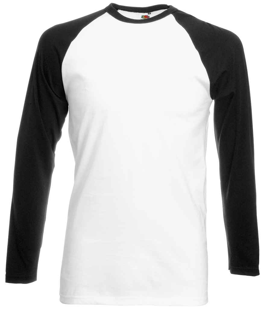 Fruit of the Loom Contrast Long Sleeve Baseball T-Shirt in White Black by Fruit of the Loom — Custom branded clothing by Print Press, featuring premium embroidery produced in our specialist print lab in the UK.