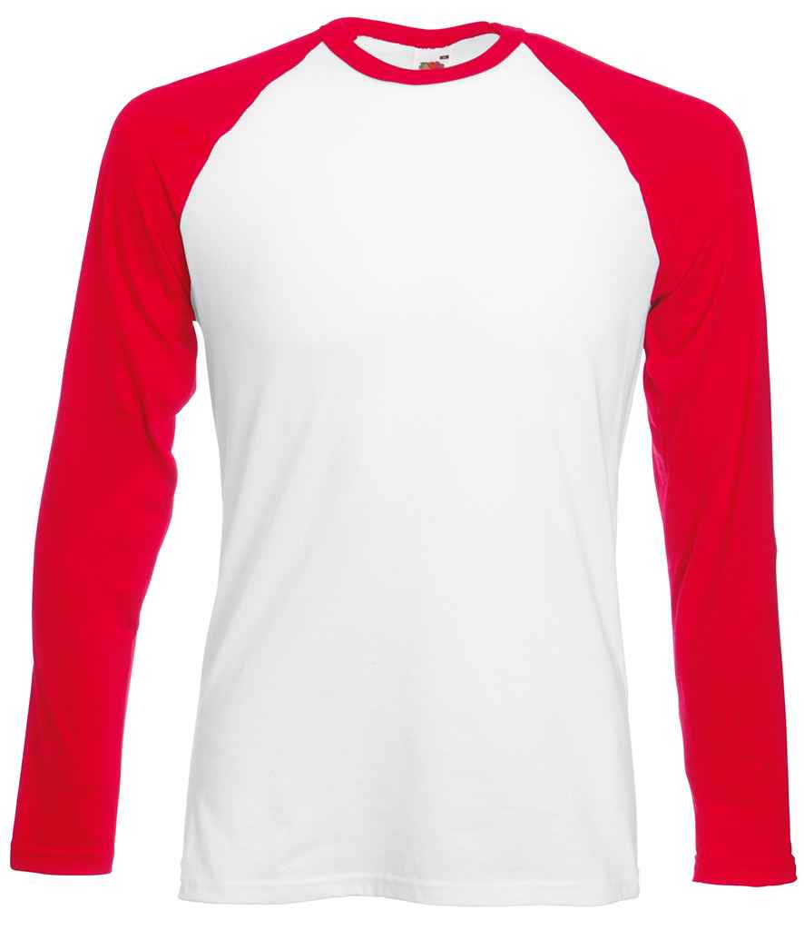 Fruit of the Loom Contrast Long Sleeve Baseball T-Shirt in White Red by Fruit of the Loom — Custom branded clothing by Print Press, featuring premium embroidery produced in our specialist print lab in the UK.