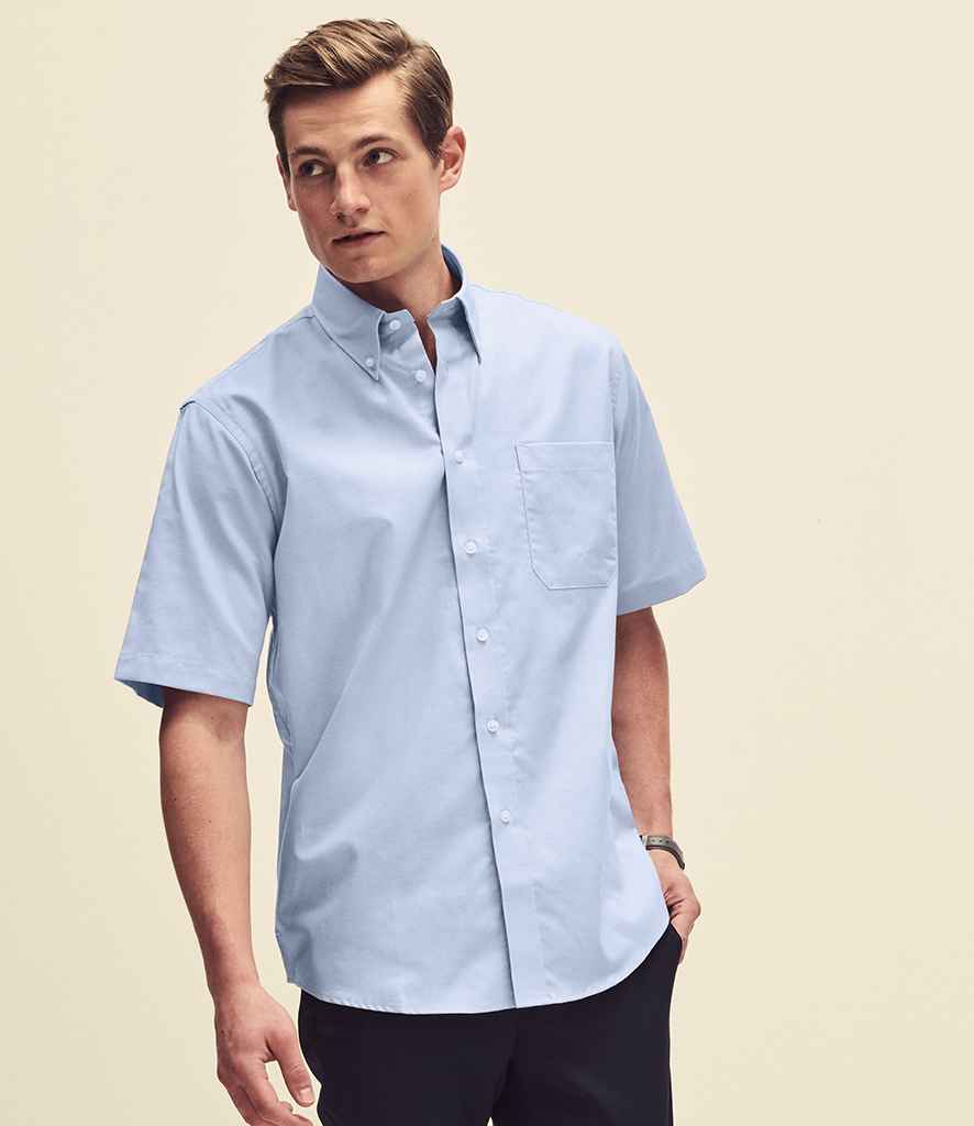 Fruit of the Loom Short Sleeve Oxford Shirt in Oxford Blue by Fruit of the Loom — Custom branded clothing by Print Press, featuring premium embroidery produced in our specialist print lab in the UK.