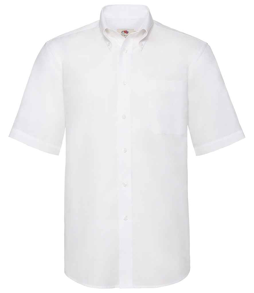 Fruit of the Loom Short Sleeve Oxford Shirt in White by Fruit of the Loom — Custom branded clothing by Print Press, featuring premium embroidery produced in our specialist print lab in the UK.