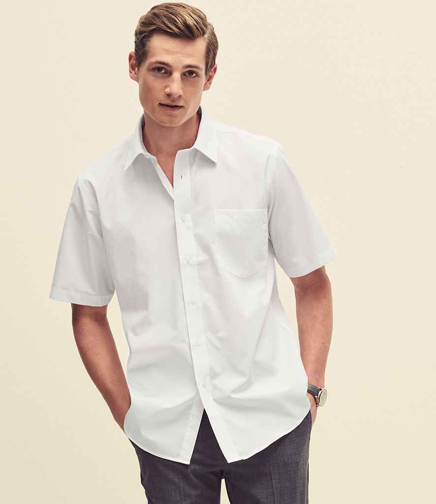 Fruit of the Loom Short Sleeve Poplin Shirt in White by Fruit of the Loom — Custom branded clothing by Print Press, featuring premium embroidery produced in our specialist print lab in the UK.