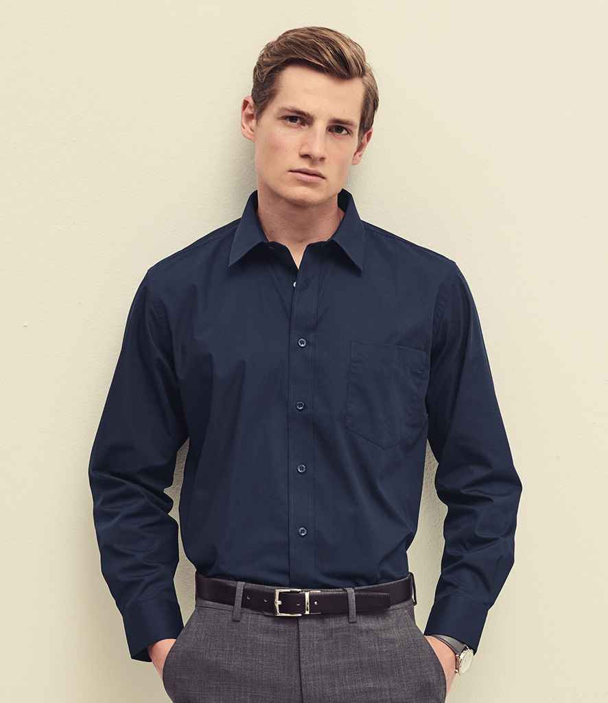 Fruit of the Loom Long Sleeve Poplin Shirt in Navy by Fruit of the Loom — Custom branded clothing by Print Press, featuring premium embroidery produced in our specialist print lab in the UK.