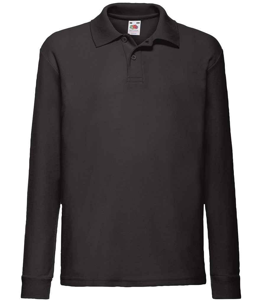 Fruit of the Loom Kids Long Sleeve Poly/Cotton Pique Polo Shirt in Black by Fruit of the Loom — Custom branded clothing by Print Press, featuring premium embroidery produced in our specialist print lab in the UK.