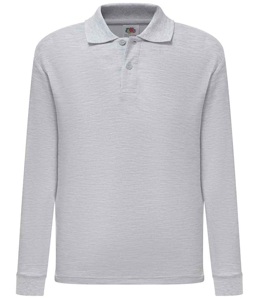 Fruit of the Loom Kids Long Sleeve Poly/Cotton Pique Polo Shirt in Heather Grey by Fruit of the Loom — Custom branded clothing by Print Press, featuring premium embroidery produced in our specialist print lab in the UK.