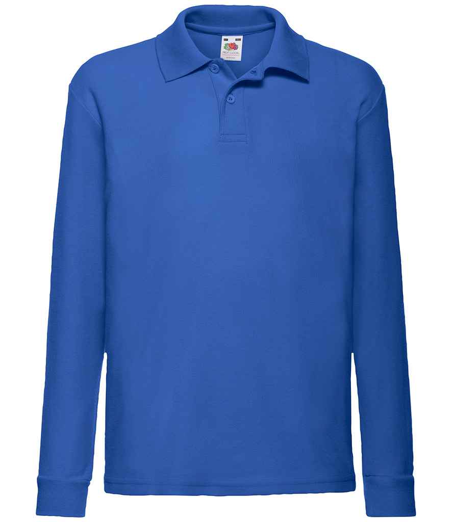 Fruit of the Loom Kids Long Sleeve Poly/Cotton Pique Polo Shirt in Royal Blue by Fruit of the Loom — Custom branded clothing by Print Press, featuring premium embroidery produced in our specialist print lab in the UK.