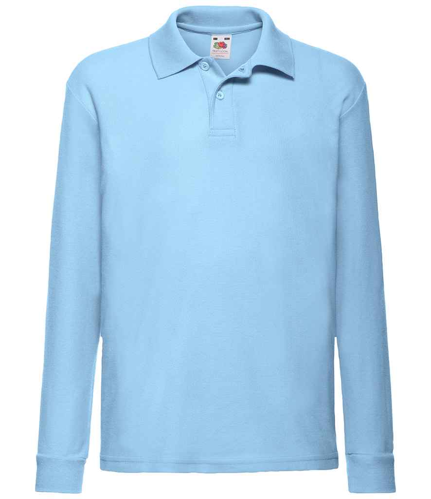 Fruit of the Loom Kids Long Sleeve Poly/Cotton Pique Polo Shirt in Sky Blue by Fruit of the Loom — Custom branded clothing by Print Press, featuring premium embroidery produced in our specialist print lab in the UK.