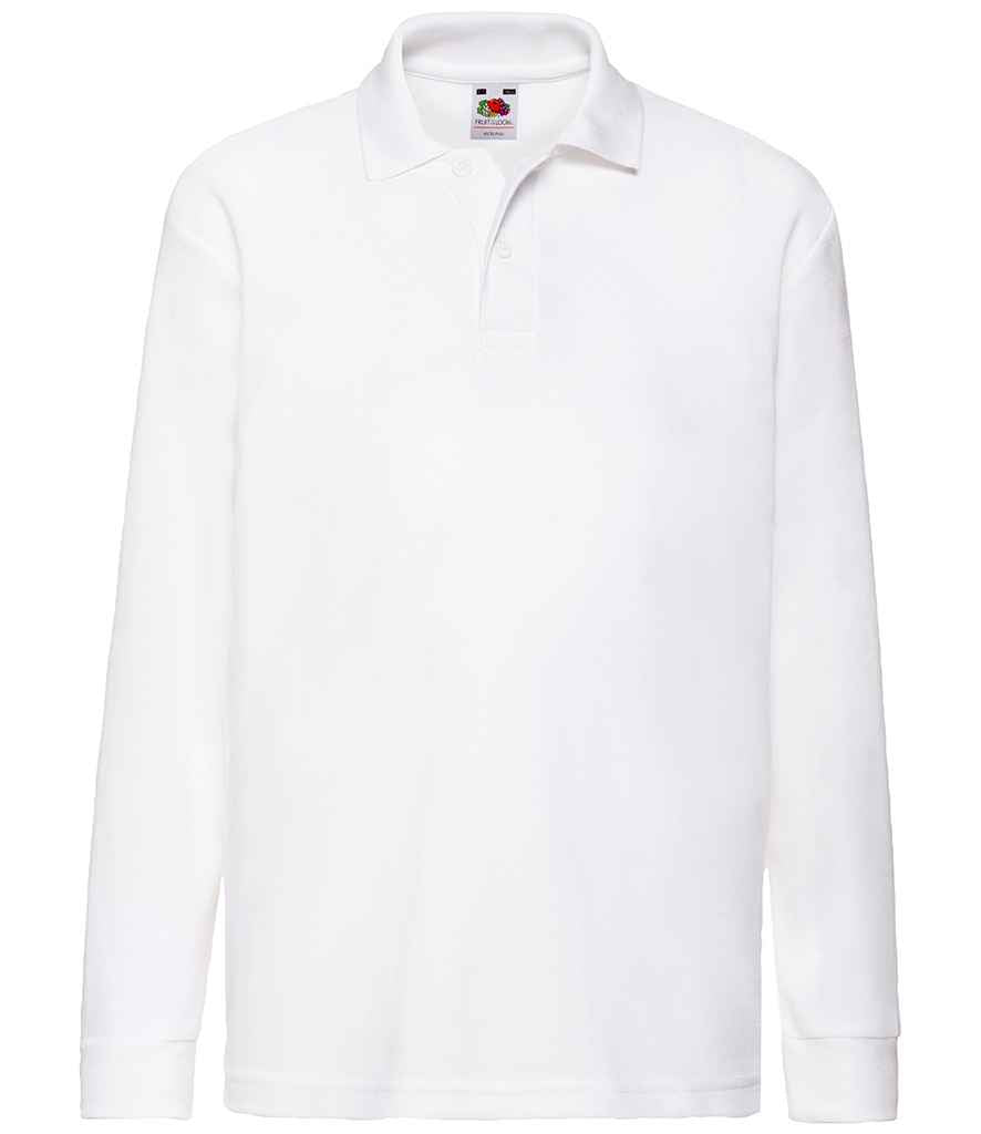Fruit of the Loom Kids Long Sleeve Poly/Cotton Pique Polo Shirt in White by Fruit of the Loom — Custom branded clothing by Print Press, featuring premium embroidery produced in our specialist print lab in the UK.