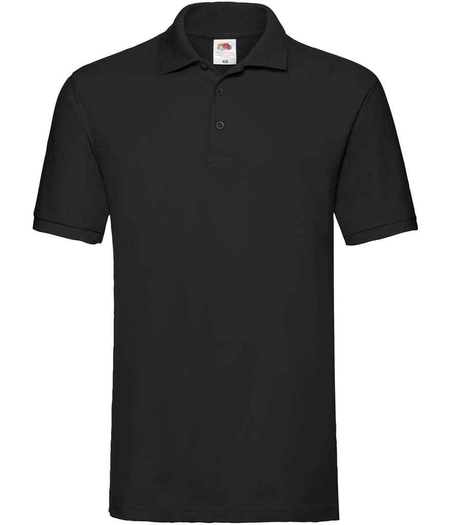 Fruit of the Loom Premium Cotton Pique Polo Shirt in Black by Fruit of the Loom — Custom branded clothing by Print Press, featuring premium embroidery produced in our specialist print lab in the UK.