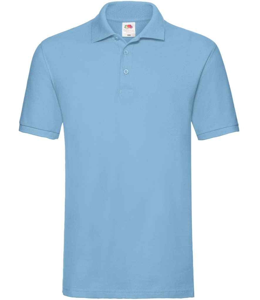Fruit of the Loom Premium Cotton Pique Polo Shirt in Sky Blue by Fruit of the Loom — Custom branded clothing by Print Press, featuring premium embroidery produced in our specialist print lab in the UK.