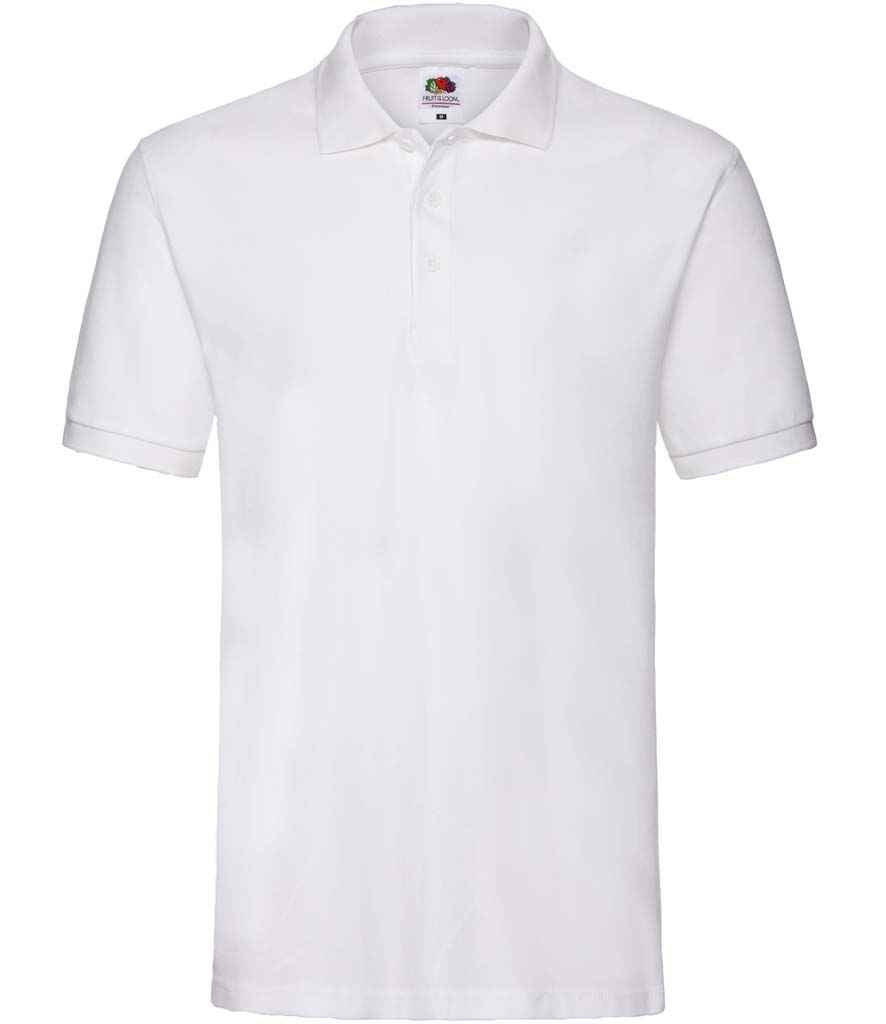 Fruit of the Loom Premium Cotton Pique Polo Shirt in White by Fruit of the Loom — Custom branded clothing by Print Press, featuring premium embroidery produced in our specialist print lab in the UK.