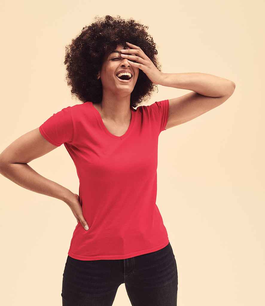 Fruit of the Loom Lady Fit Value V Neck T-Shirt in Red by Fruit of the Loom — Custom branded clothing by Print Press, featuring premium embroidery produced in our specialist print lab in the UK.