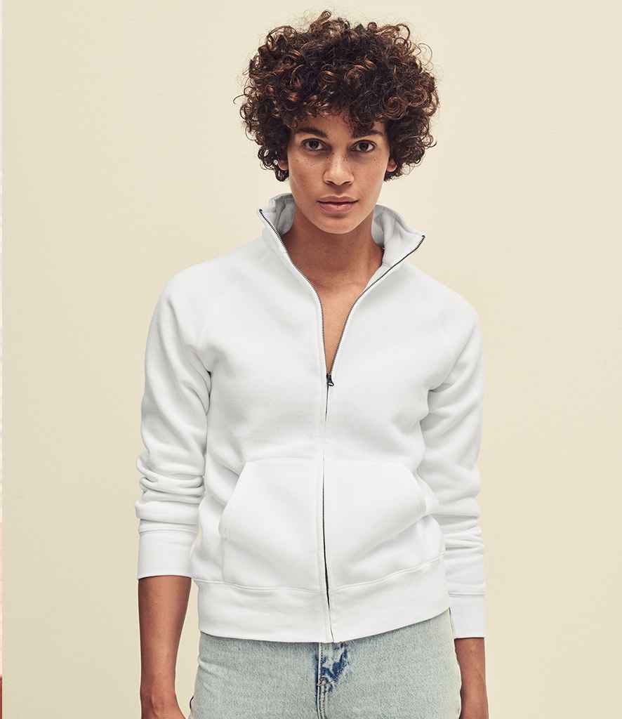 Fruit of the Loom Premium Lady Fit Sweat Jacket in White by Fruit of the Loom — Custom branded clothing by Print Press, featuring premium embroidery produced in our specialist print lab in the UK.
