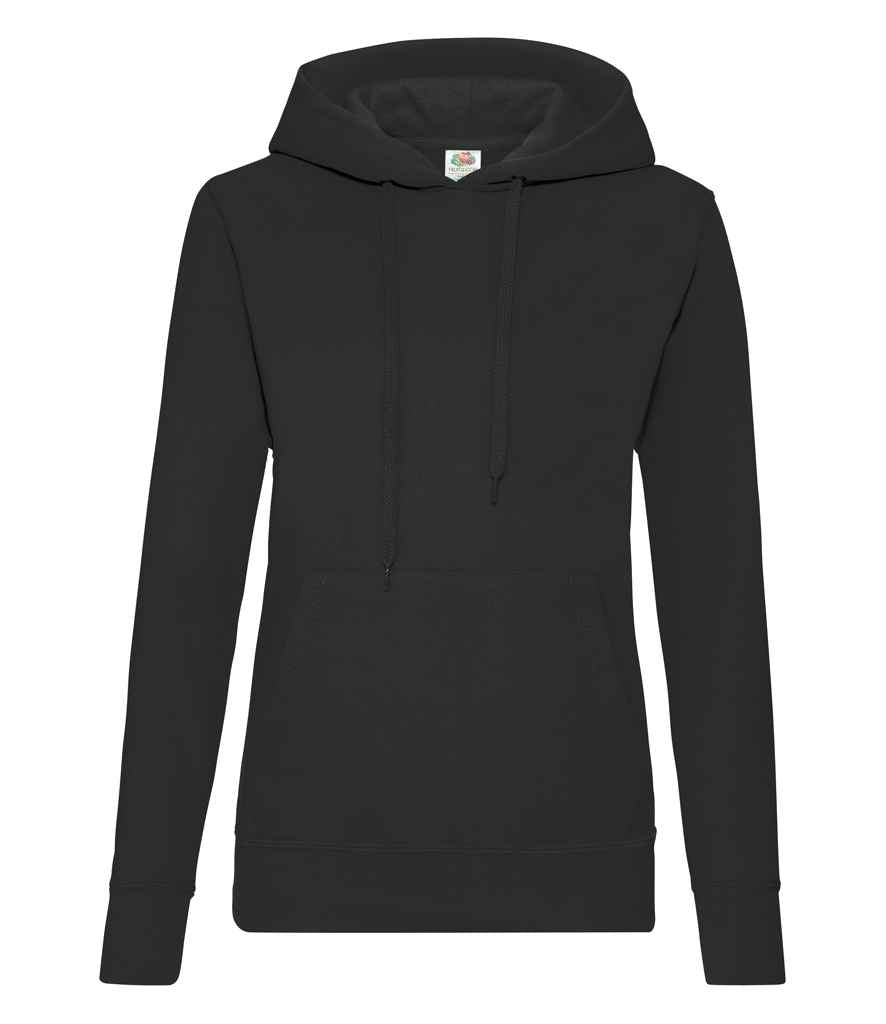 Fruit of the Loom Classic Lady Fit Hooded Sweatshirt in Black by Fruit of the Loom — Custom branded clothing by Print Press, featuring premium embroidery produced in our specialist print lab in the UK.