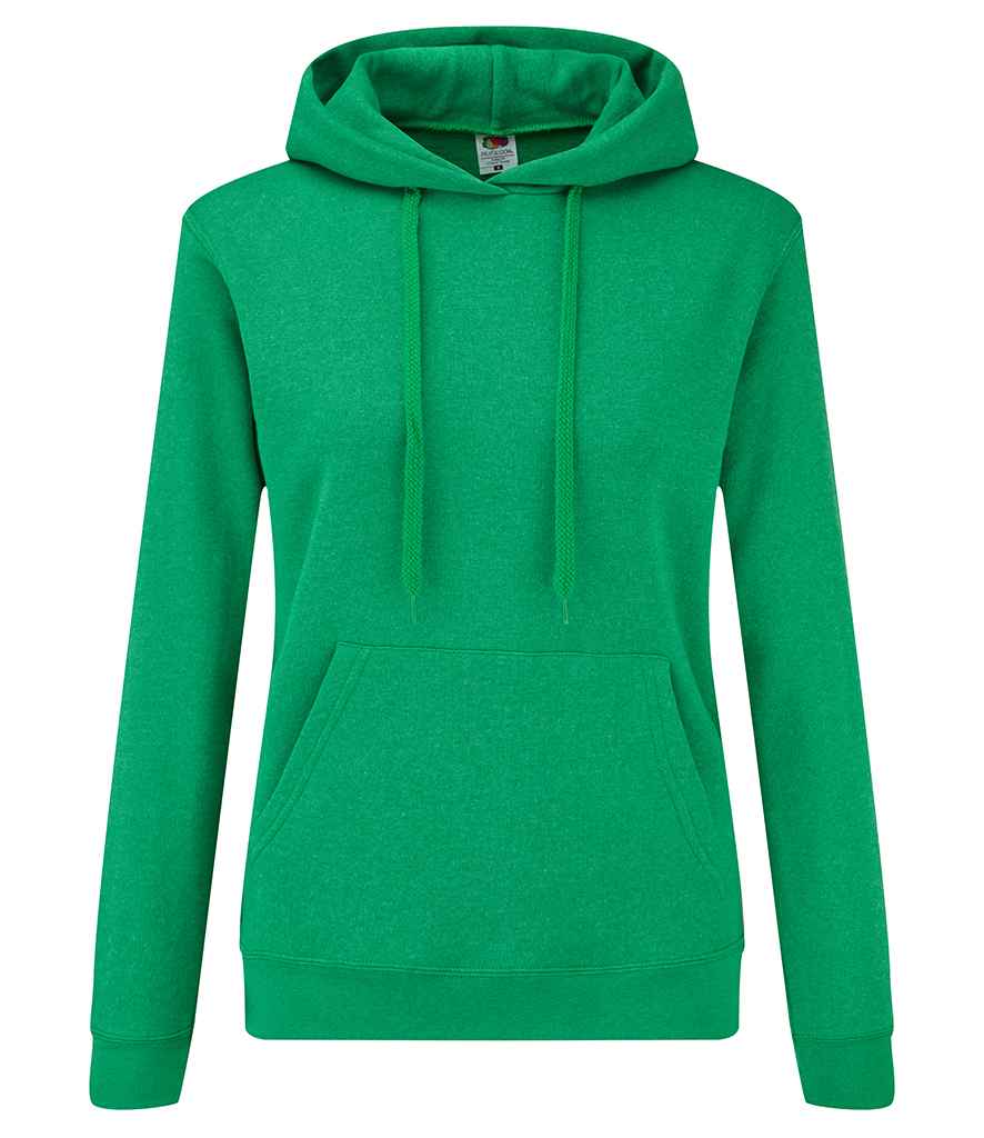 Fruit of the Loom Classic Lady Fit Hooded Sweatshirt in Heather Green by Fruit of the Loom — Custom branded clothing by Print Press, featuring premium embroidery produced in our specialist print lab in the UK.