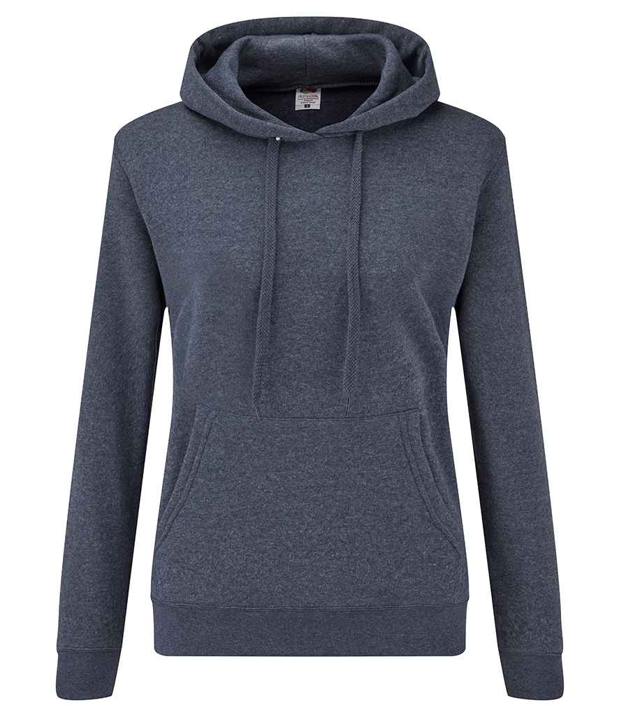 Fruit of the Loom Classic Lady Fit Hooded Sweatshirt in Heather Navy by Fruit of the Loom — Custom branded clothing by Print Press, featuring premium embroidery produced in our specialist print lab in the UK.