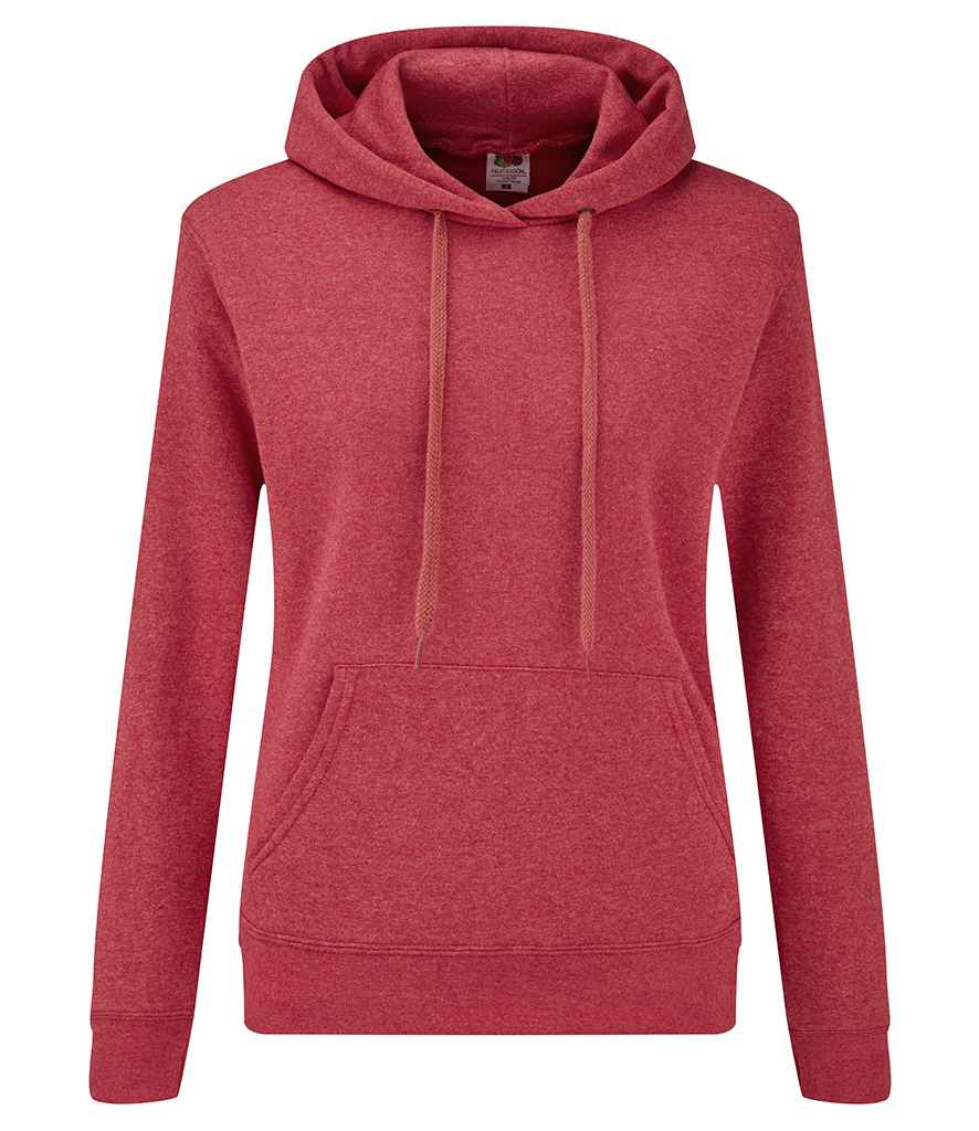 Fruit of the Loom Classic Lady Fit Hooded Sweatshirt in Heather Red by Fruit of the Loom — Custom branded clothing by Print Press, featuring premium embroidery produced in our specialist print lab in the UK.