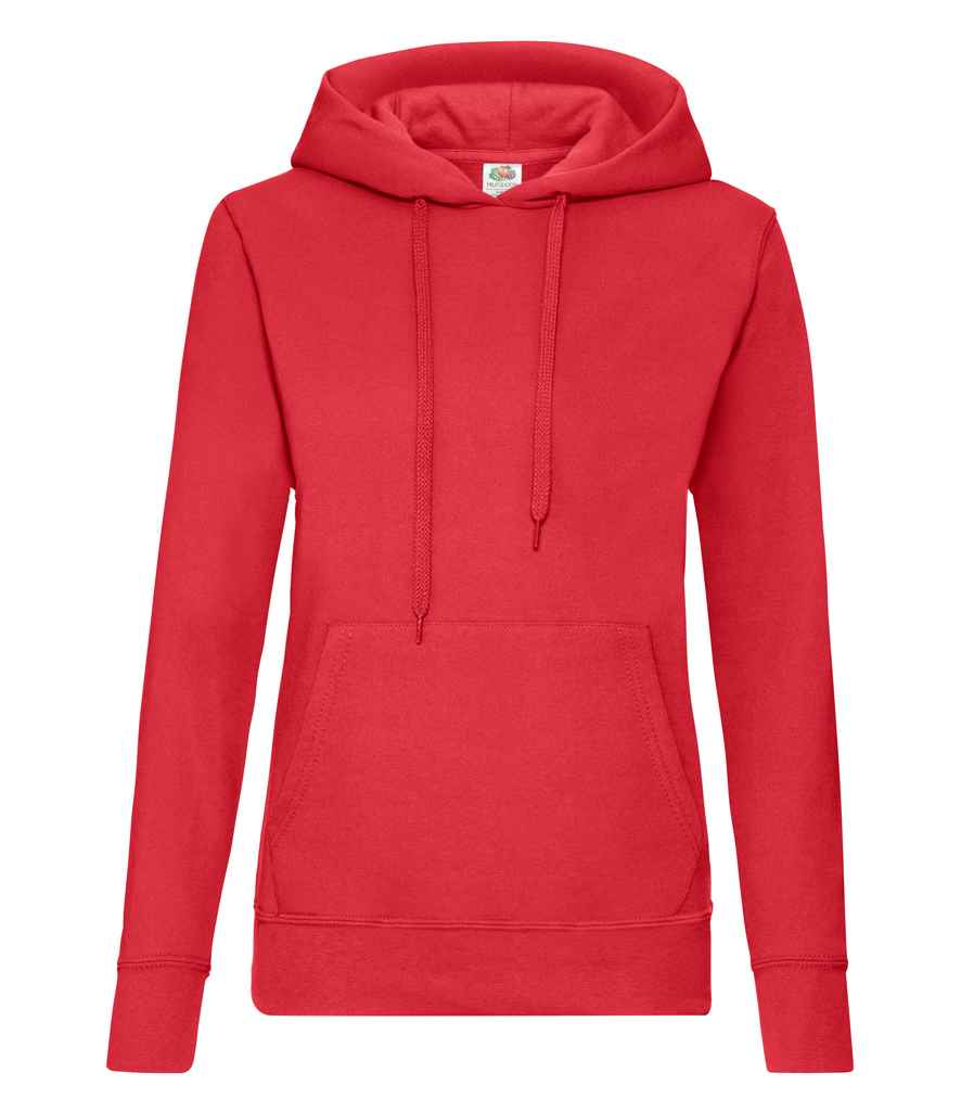 Fruit of the Loom Classic Lady Fit Hooded Sweatshirt in Red by Fruit of the Loom — Custom branded clothing by Print Press, featuring premium embroidery produced in our specialist print lab in the UK.