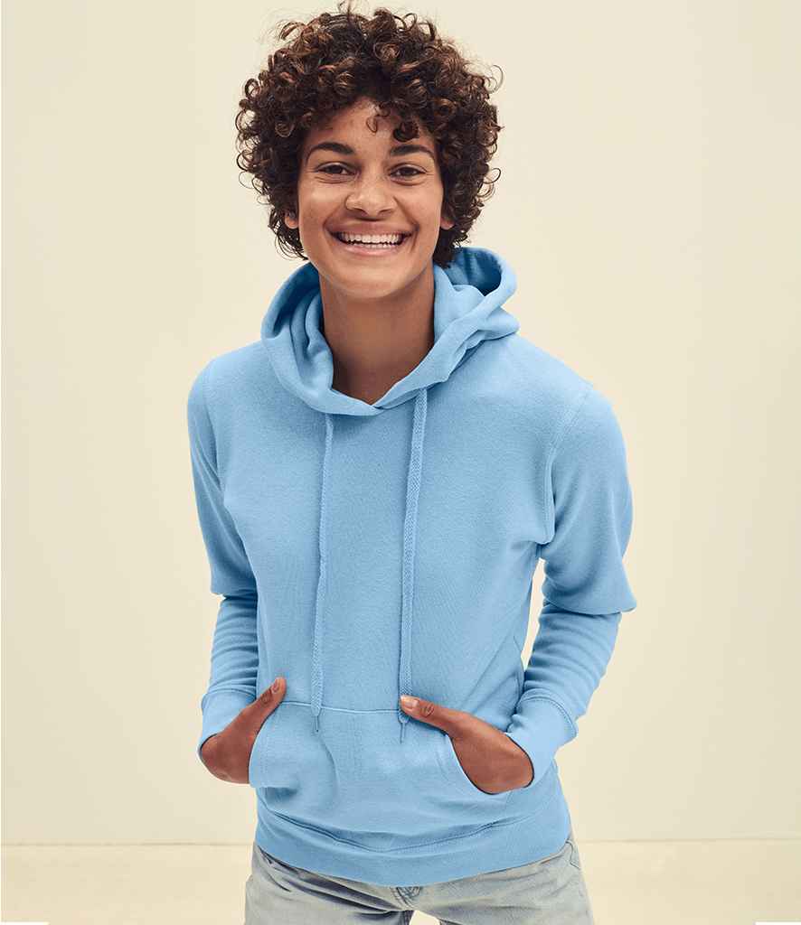 Fruit of the Loom Classic Lady Fit Hooded Sweatshirt in Sky Blue by Fruit of the Loom — Custom branded clothing by Print Press, featuring premium embroidery produced in our specialist print lab in the UK.