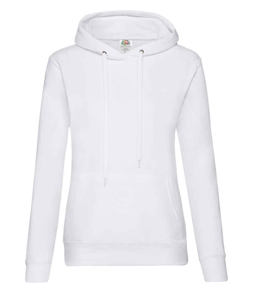 Fruit of the Loom Classic Lady Fit Hooded Sweatshirt in White by Fruit of the Loom — Custom branded clothing by Print Press, featuring premium embroidery produced in our specialist print lab in the UK.