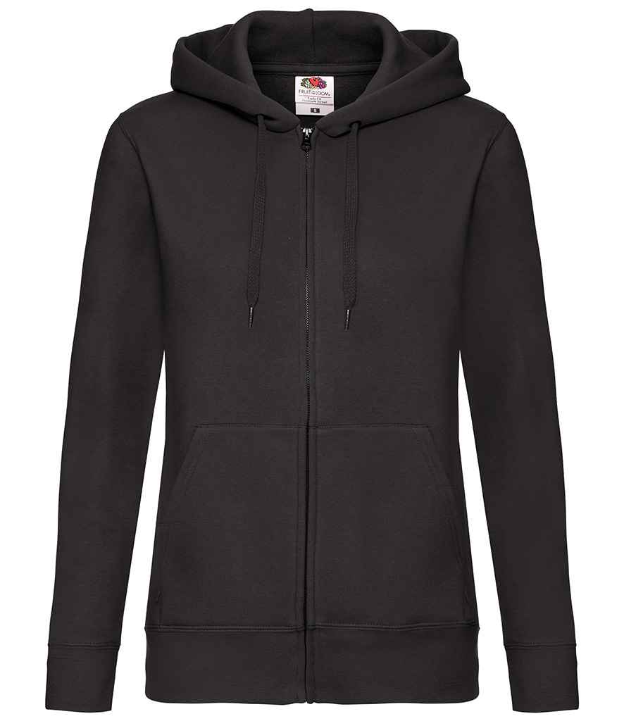 Fruit of the Loom Premium Lady Fit Zip Hooded Jacket in Black by Fruit of the Loom — Custom branded clothing by Print Press, featuring premium embroidery produced in our specialist print lab in the UK.
