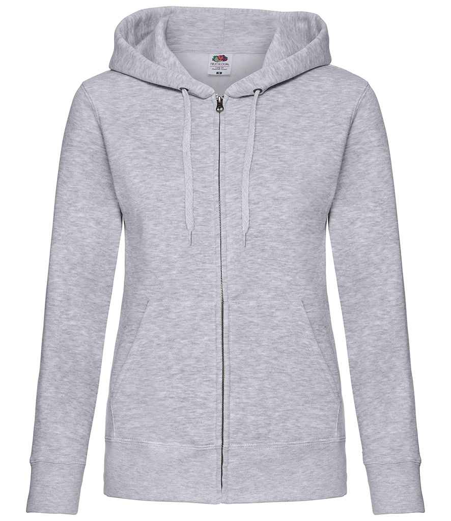 Fruit of the Loom Premium Lady Fit Zip Hooded Jacket in Heather Grey by Fruit of the Loom — Custom branded clothing by Print Press, featuring premium embroidery produced in our specialist print lab in the UK.