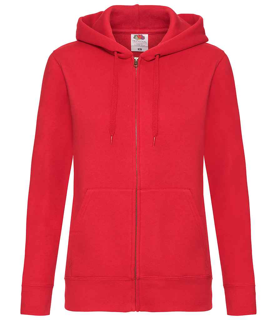 Fruit of the Loom Premium Lady Fit Zip Hooded Jacket in Red by Fruit of the Loom — Custom branded clothing by Print Press, featuring premium embroidery produced in our specialist print lab in the UK.