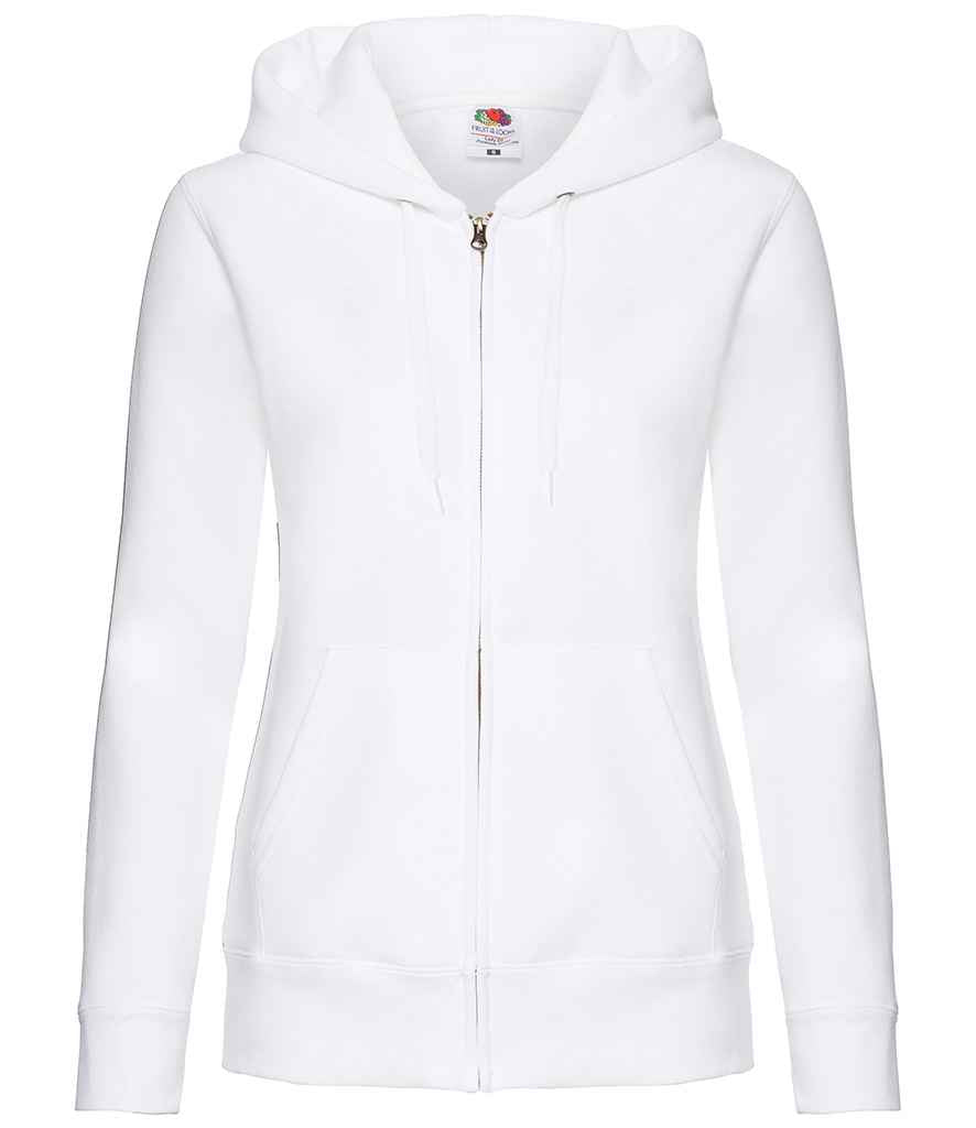 Fruit of the Loom Premium Lady Fit Zip Hooded Jacket in White by Fruit of the Loom — Custom branded clothing by Print Press, featuring premium embroidery produced in our specialist print lab in the UK.