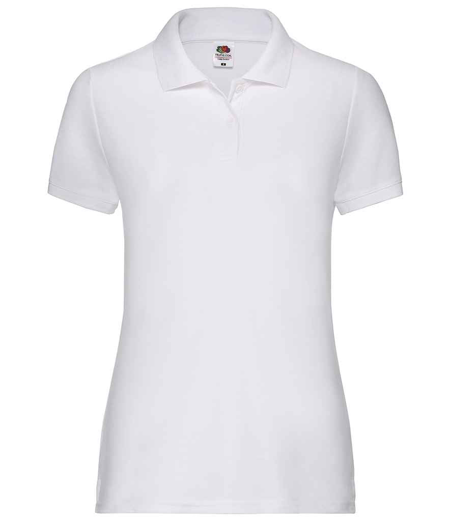 Fruit of the Loom Lady Fit Pique Polo Shirt in White by Fruit of the Loom — Custom branded clothing by Print Press, featuring premium embroidery produced in our specialist print lab in the UK.