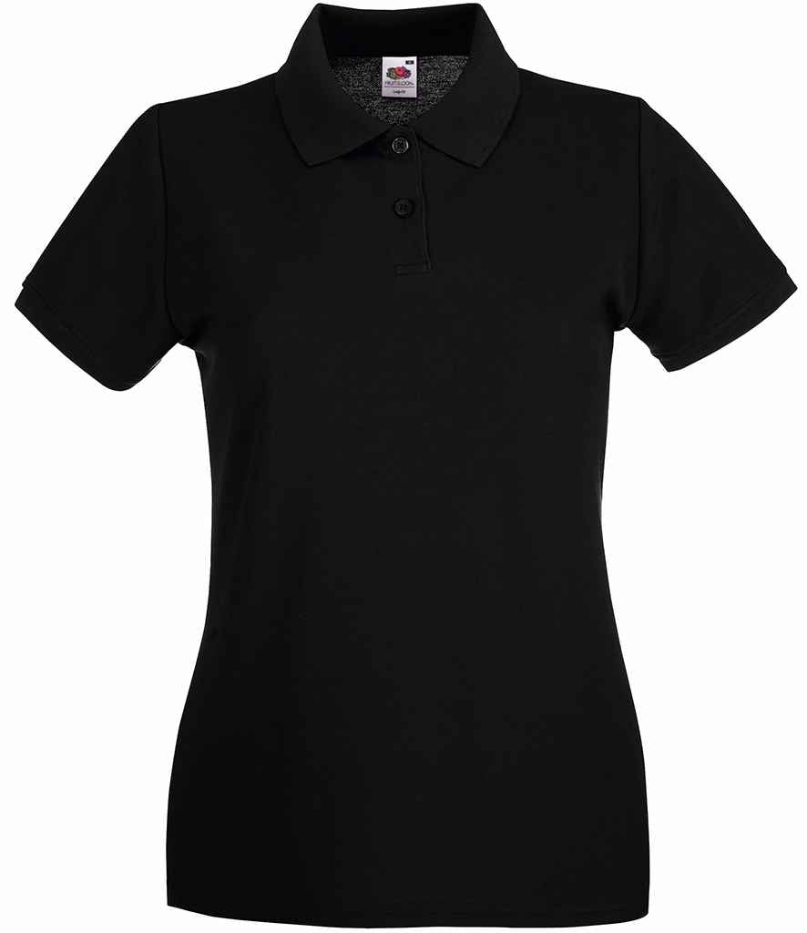 Fruit of the Loom Lady-Fit Premium Cotton Pique Polo Shirt in Black by Fruit of the Loom — Custom branded clothing by Print Press, featuring premium embroidery produced in our specialist print lab in the UK.