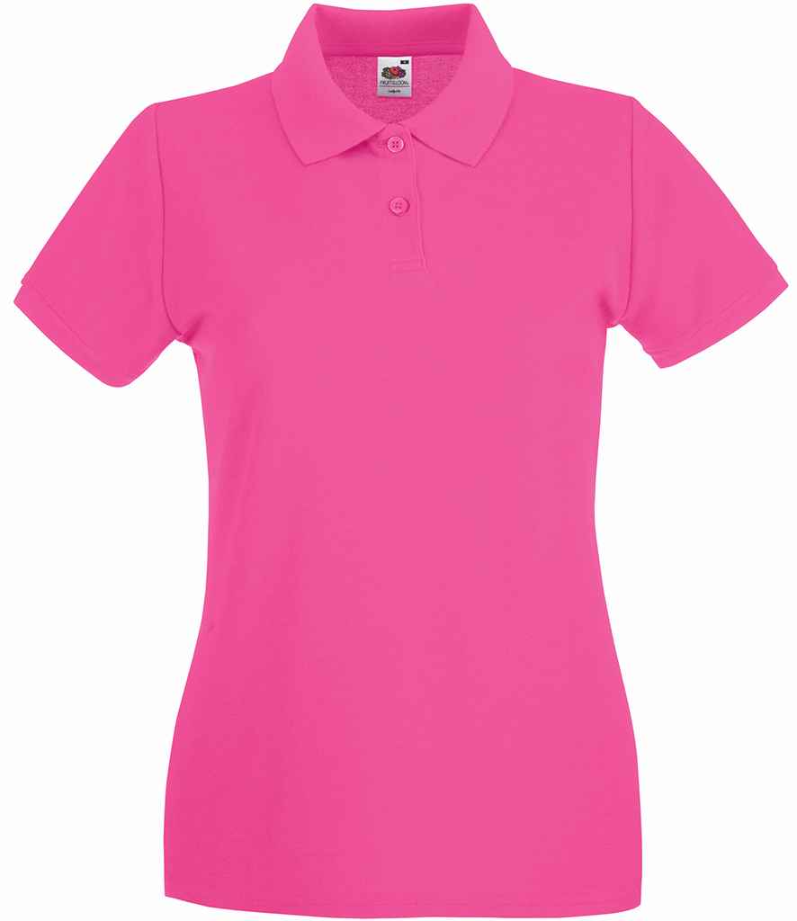 Fruit of the Loom Lady-Fit Premium Cotton Pique Polo Shirt in Fuchsia by Fruit of the Loom — Custom branded clothing by Print Press, featuring premium embroidery produced in our specialist print lab in the UK.