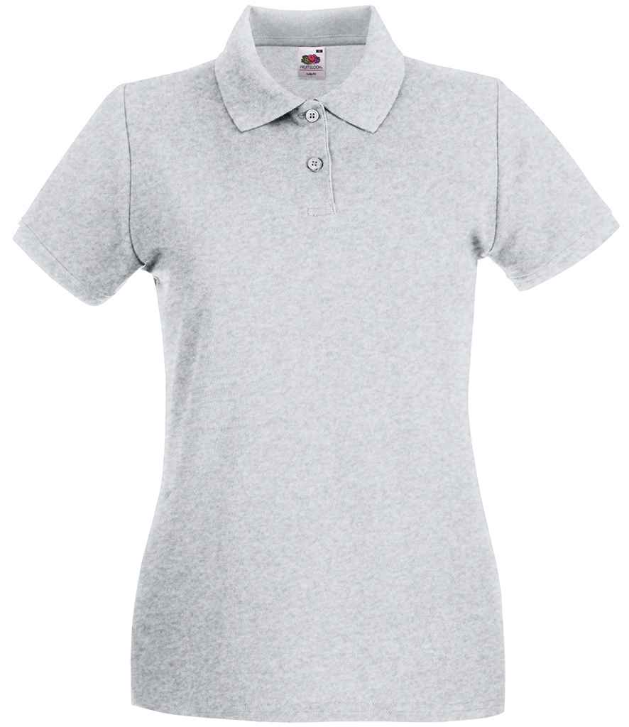 Fruit of the Loom Lady-Fit Premium Cotton Pique Polo Shirt in Heather Grey by Fruit of the Loom — Custom branded clothing by Print Press, featuring premium embroidery produced in our specialist print lab in the UK.