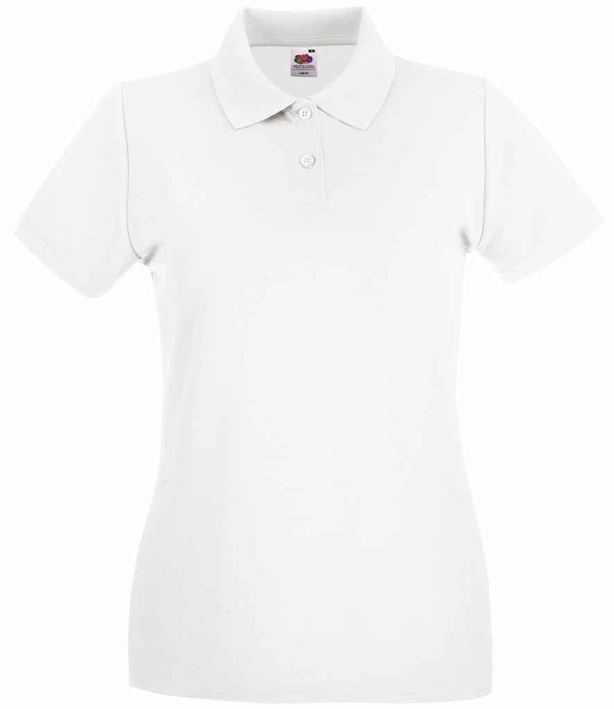 Fruit of the Loom Lady-Fit Premium Cotton Pique Polo Shirt in White by Fruit of the Loom — Custom branded clothing by Print Press, featuring premium embroidery produced in our specialist print lab in the UK.