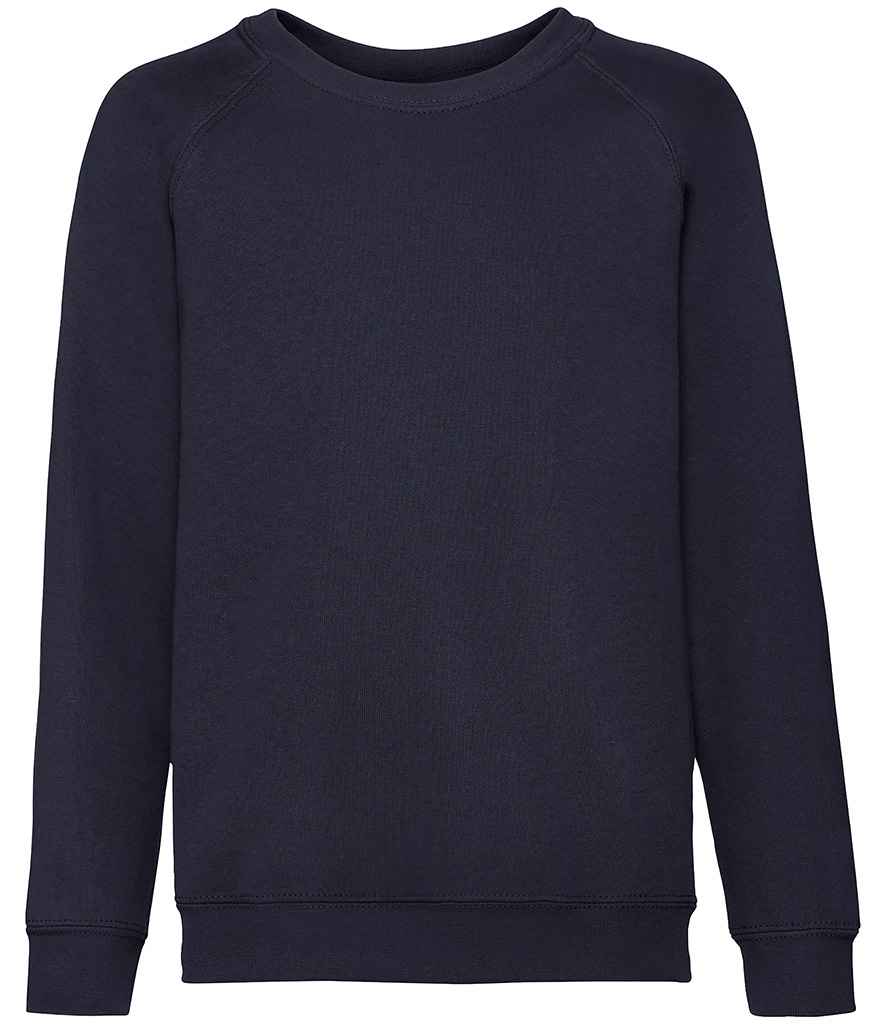 Fruit of the Loom Kids Classic Raglan Sweatshirt in Deep Navy by Fruit of the Loom — Custom branded clothing by Print Press, featuring premium embroidery produced in our specialist print lab in the UK.