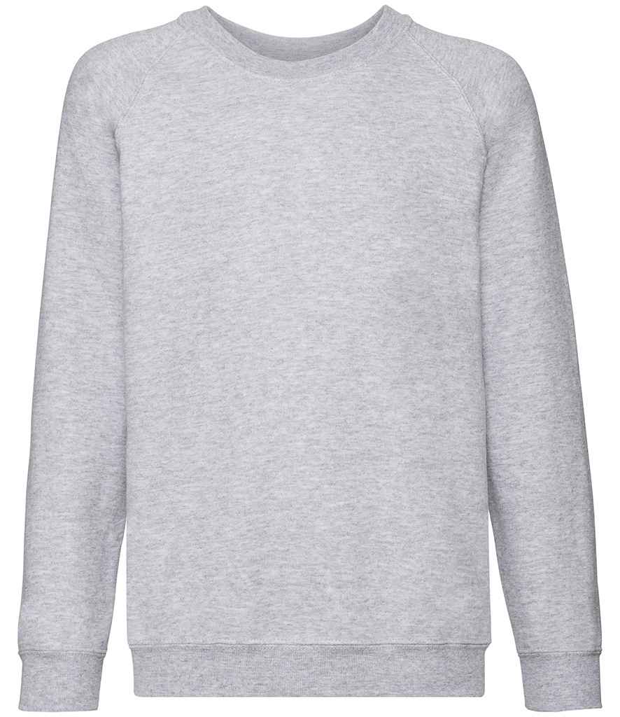 Fruit of the Loom Kids Classic Raglan Sweatshirt in Heather Grey by Fruit of the Loom — Custom branded clothing by Print Press, featuring premium embroidery produced in our specialist print lab in the UK.