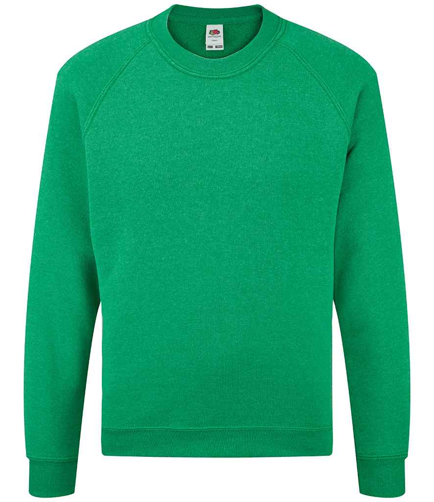 Fruit of the Loom Kids Classic Raglan Sweatshirt in Heather Green by Fruit of the Loom — Custom branded clothing by Print Press, featuring premium embroidery produced in our specialist print lab in the UK.