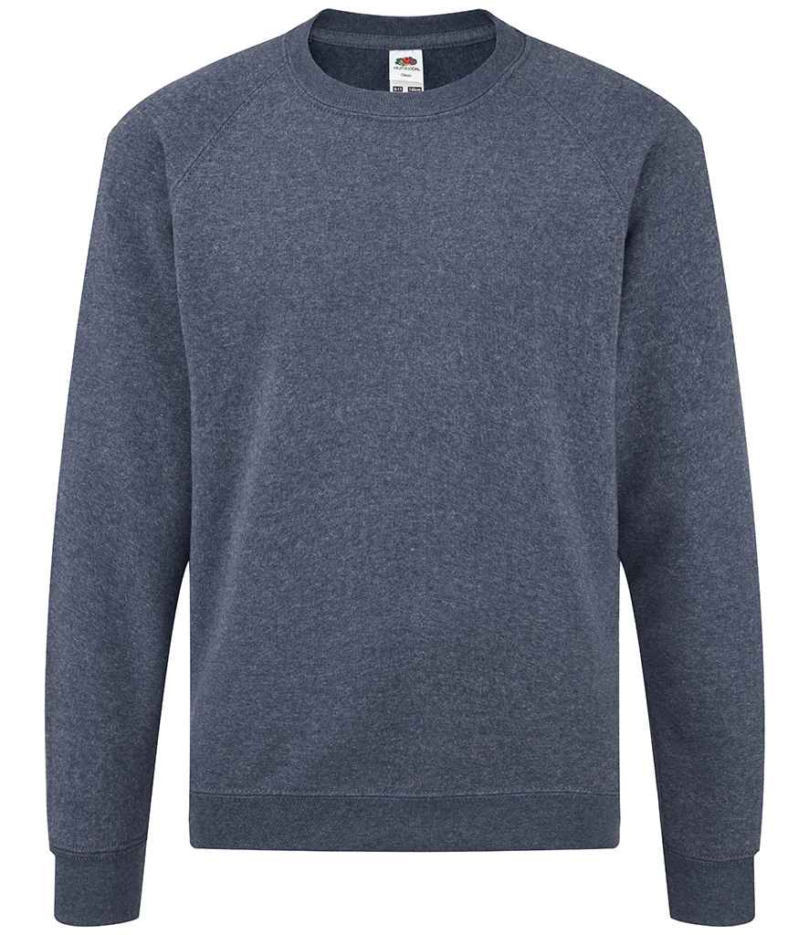 Fruit of the Loom Kids Classic Raglan Sweatshirt in Heather Navy by Fruit of the Loom — Custom branded clothing by Print Press, featuring premium embroidery produced in our specialist print lab in the UK.