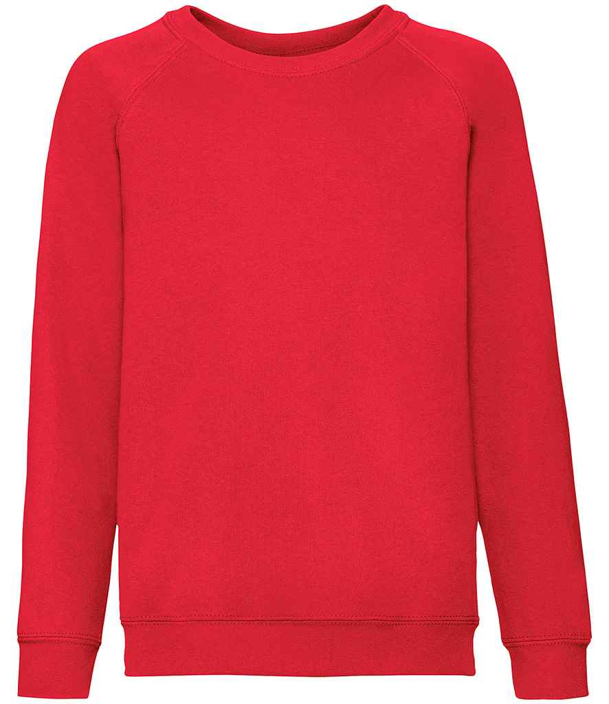 Fruit of the Loom Kids Classic Raglan Sweatshirt in Red by Fruit of the Loom — Custom branded clothing by Print Press, featuring premium embroidery produced in our specialist print lab in the UK.