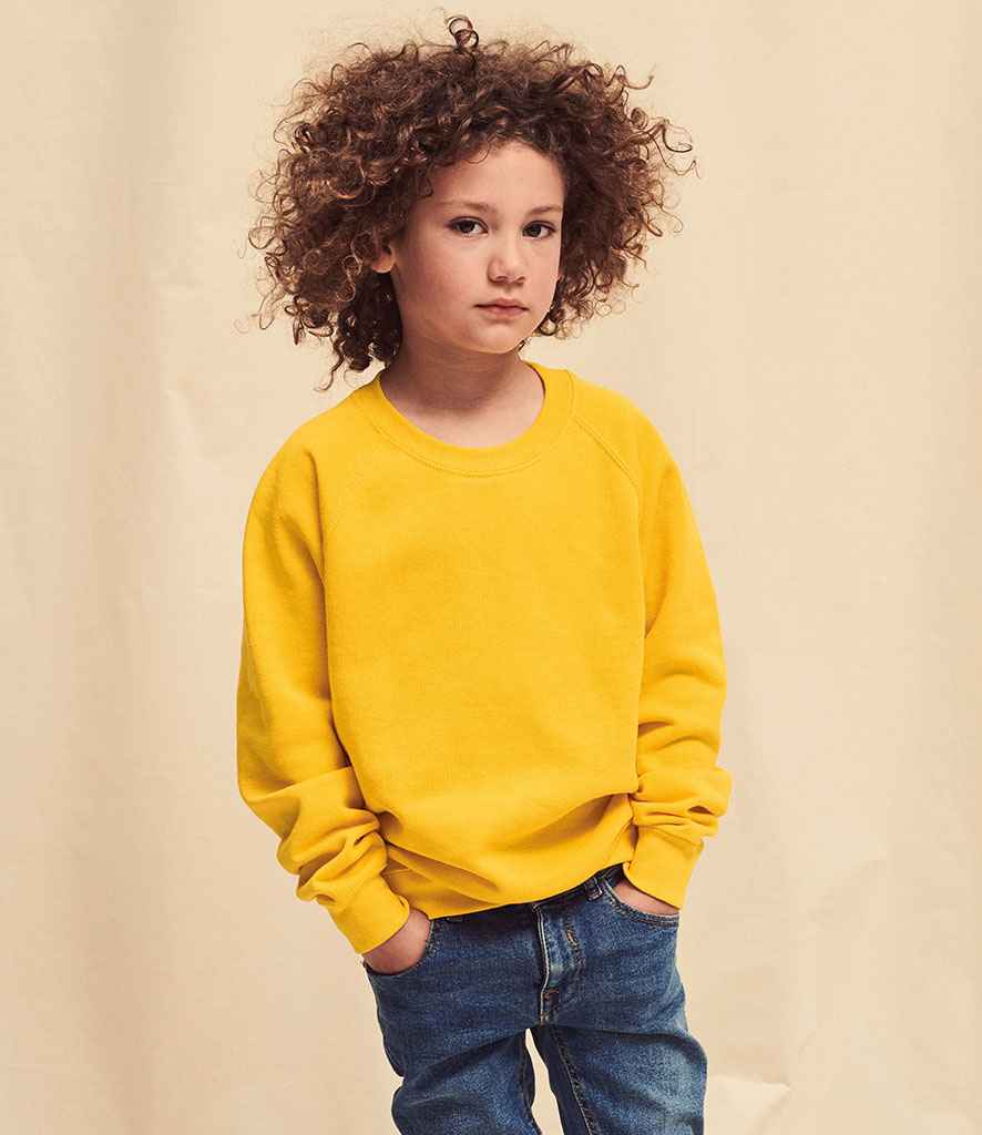 Fruit of the Loom Kids Classic Raglan Sweatshirt in Sunflower by Fruit of the Loom — Custom branded clothing by Print Press, featuring premium embroidery produced in our specialist print lab in the UK.