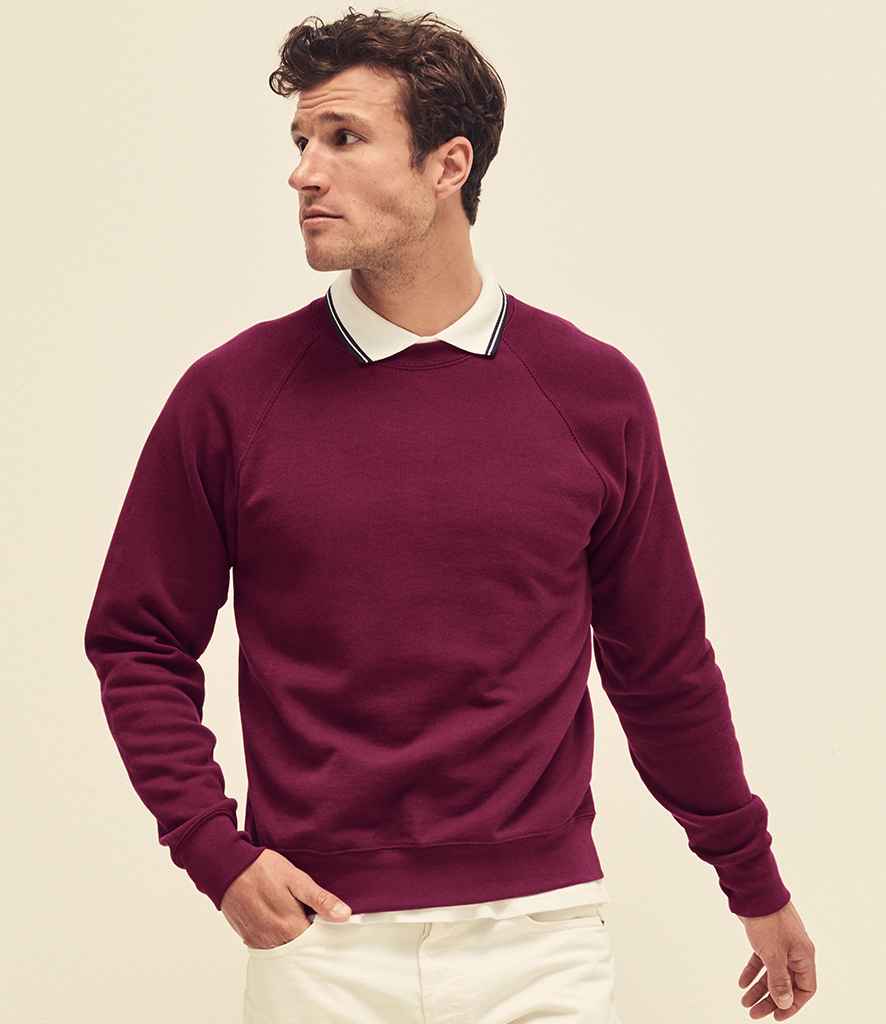 Fruit of the Loom Classic Raglan Sweatshirt in Burgundy by Fruit of the Loom — Custom branded clothing by Print Press, featuring premium embroidery produced in our specialist print lab in the UK.