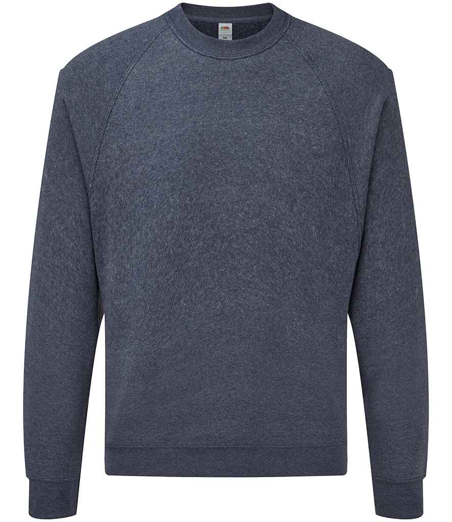 Fruit of the Loom Classic Raglan Sweatshirt in Heather Navy by Fruit of the Loom — Custom branded clothing by Print Press, featuring premium embroidery produced in our specialist print lab in the UK.