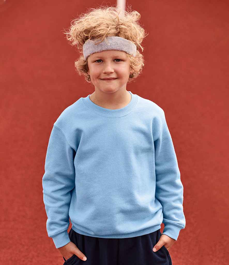 Fruit of the Loom Kids Classic Drop Shoulder Sweatshirt in Sky Blue by Fruit of the Loom — Custom branded clothing by Print Press, featuring premium embroidery produced in our specialist print lab in the UK.